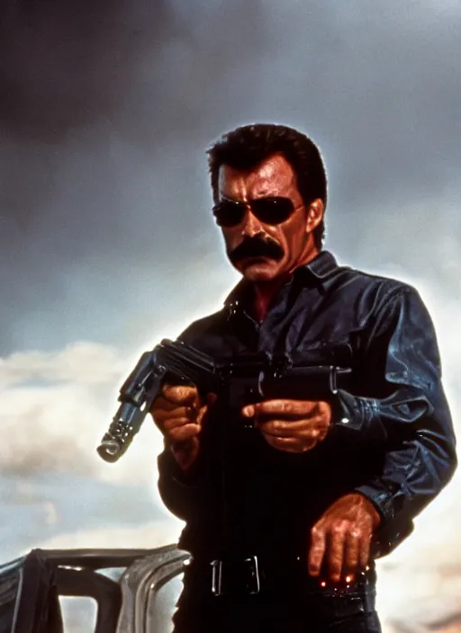 Image similar to film still of tom selleck as the terminator in terminator, 4 k