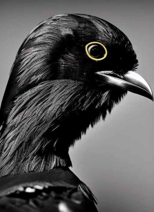 Image similar to a profile portrait, a stunning young cyborg female mixed crow mixed vegetal, editorial photography, bw, shot on 7 0 mm, depth of field, f / 2. 8, high contrast, 1 6 k, volumetric lighting, shiny, insanely detailed and intricate, hypermaximalist, elegant, ornate, hyper realistic, super detailed