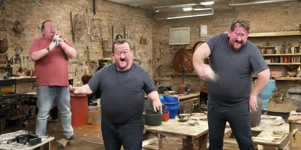 Image similar to johnny vegas making a very large clay teapot, art school, studio, wet clay, photorealistic, stand up comedy