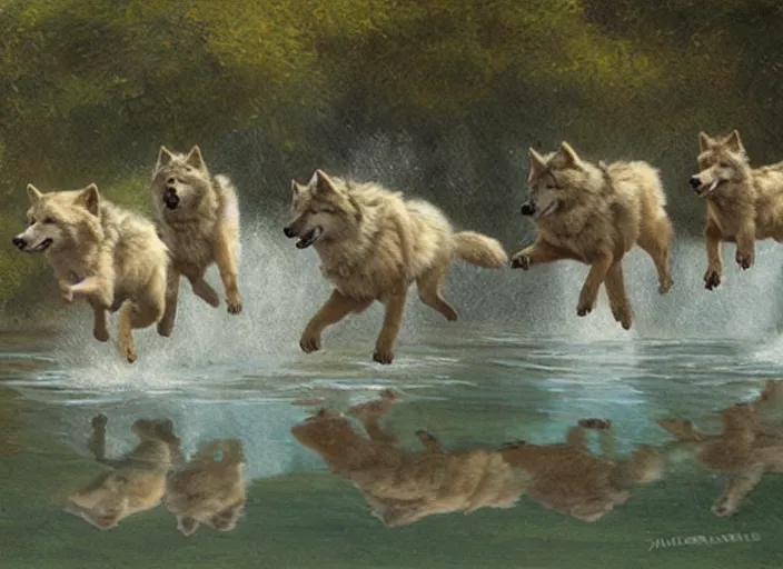 Prompt: a group of wild wolves jumping into a pool, oil painting by ralph maquarrie and james gurney, soft edges, subtle colours