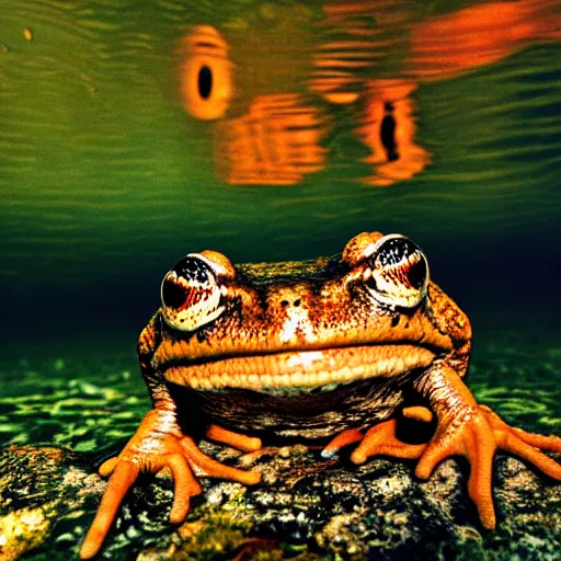 Image similar to deep camouflage angry toad evil eyes poking out eyes from under the water ultra sharp blur background simple background deep brown orange staring into camera poster art full brown national Geographic