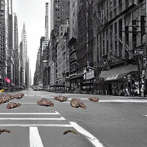 Image similar to A photograph of NewYork street that was raided by a million rabbit, Ultrarealism, real , super real, colorized