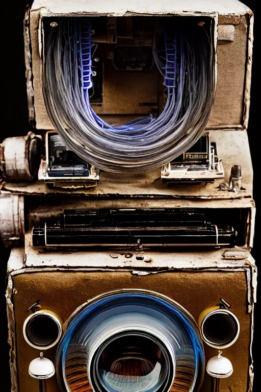 Image similar to A photo of a very old opened camera with vacuum tubes, capacitors and coils inside by Annie Lebovitz and Steve McCurry, grungy Ultra detailed, hyper realistic, 4k
