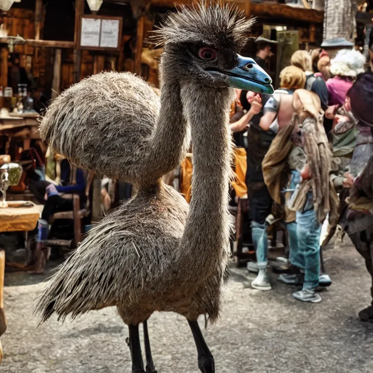 Prompt: an emu in the middle of a crowded halfling tavern