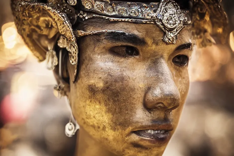 Image similar to close - up photo of a beautiful khmer warrior prince in a battle scene, detailed eyes, shallow depth of field, photorealistic, cinematic lighting, lovely bokeh, warm colours, dusk