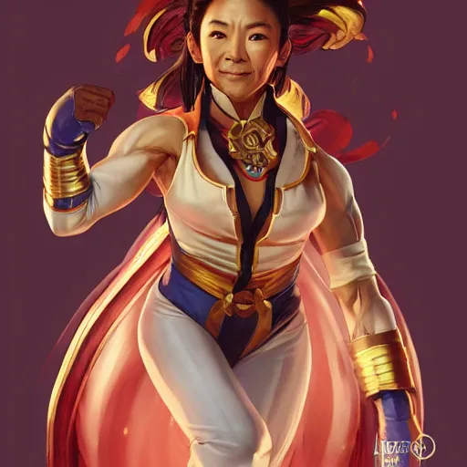 Prompt: michelle yeoh as a street fighter character, cg animation, capcom, realistic, character select portrait, by artgerm, greg rutkowski, alphonse mucha, 3 d