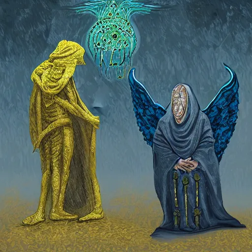 Image similar to hastur, the king in yellow fighting a biblical angel, digital painting, highly detailed