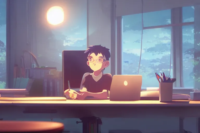 Prompt: a sleepy boy sit in desk with a computer, medium shot, waist up, studio ghibli, pixar and disney animation, sharp, rendered in unreal engine 5, anime key art by greg rutkowski, bloom, dramatic lighting