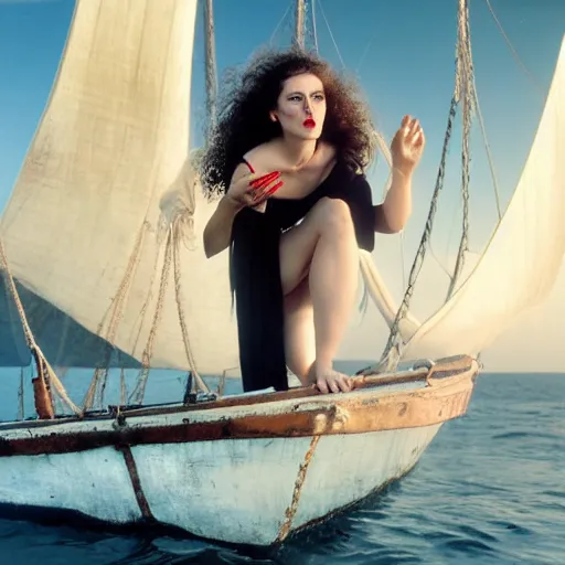 Image similar to a woman throwing up, a beautiful english woman with a long face narrow nose pale skin blue eyes red lips and wild messy tangles of curly white blonde hair leaning over the side of a sailing ship and throwing up, high resolution film still wearing a black robe and skull necklace and holding a spear, sandy, a journey to the west