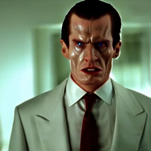 Image similar to a still of a Draconian in the American Psycho (2000), doing the Bateman stare, cinematic still, 4K Bluray