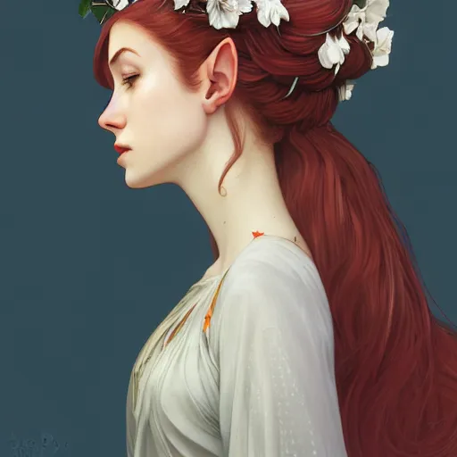 Prompt: side portrait of very beautiful elf, wearing a cloak, white flower crown, hair over face, headshot, looking up, hyper realistic, pale skin, bright red hair, 4k, rule of thirds, extreme detail, detailed drawing, trending artstation, hd, fantasy, D&D, realistic lighting, by Alphonse Mucha, Greg Rutkowski, sharp focus, backlit, elegant