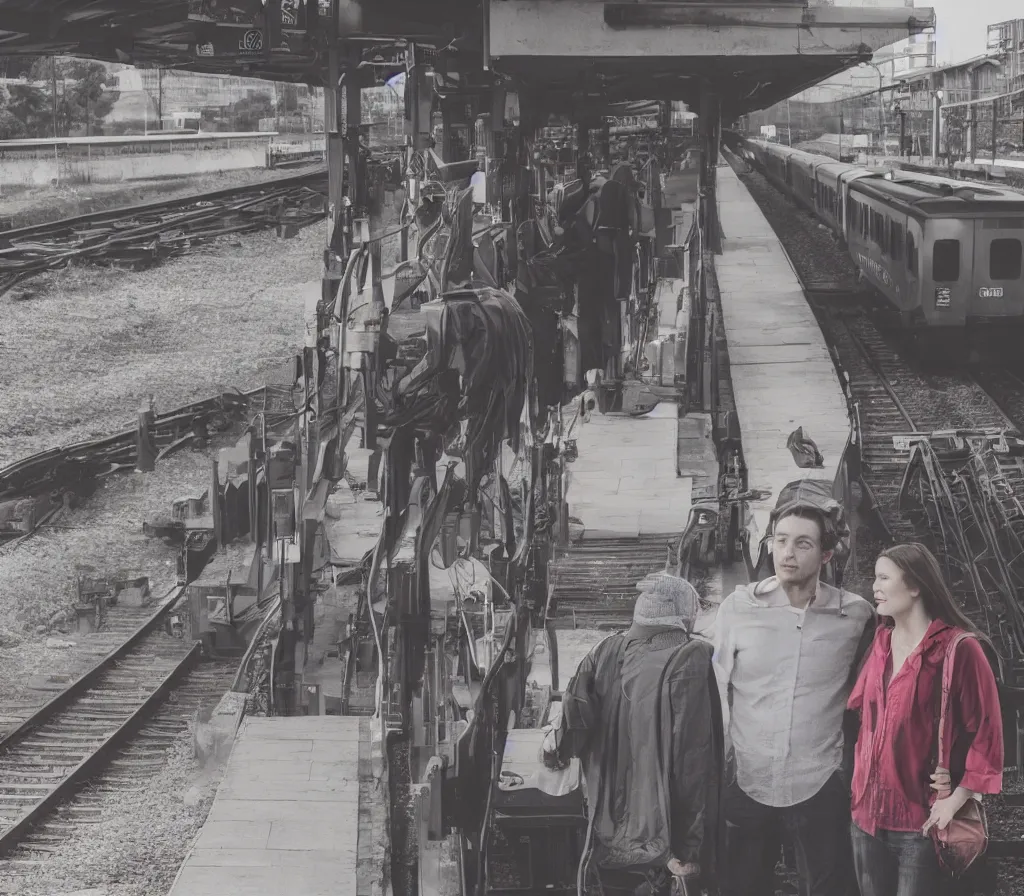 Prompt: A man and a woman wait for a train on a platform facing the camera trains in the background, morning hard light, high quality photography