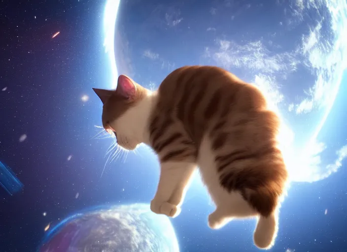 Image similar to a beautiful cat floating in space, realist, 4k, unreal engine