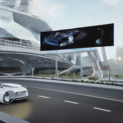 Image similar to sci-fi wall structure and car on the coronation of napoleon painting and digital billboard in the middle, unreal engine 5, keyshot, octane, artstation trending, ultra high detail, ultra realistic, cinematic, 8k, 16k, in style of zaha hadid, in plastic, dark, tilt shift,