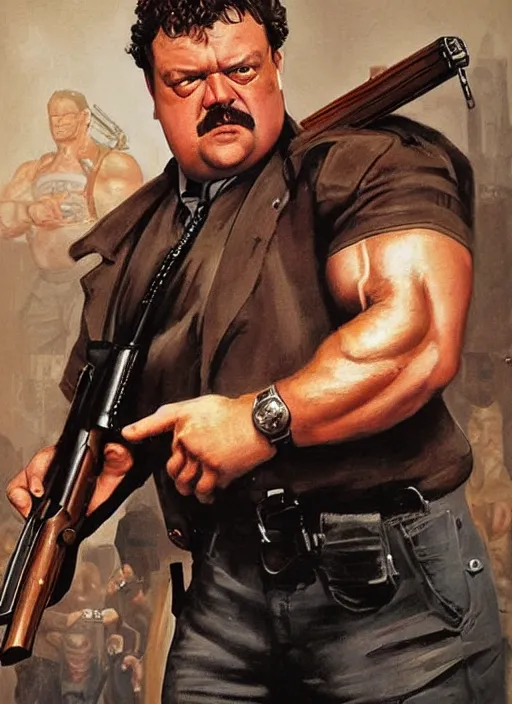 Image similar to gk chesterton as a buff action hero with muscles and a shotgun. portrait by james gurney. realistic face. awesome action movie poster art.