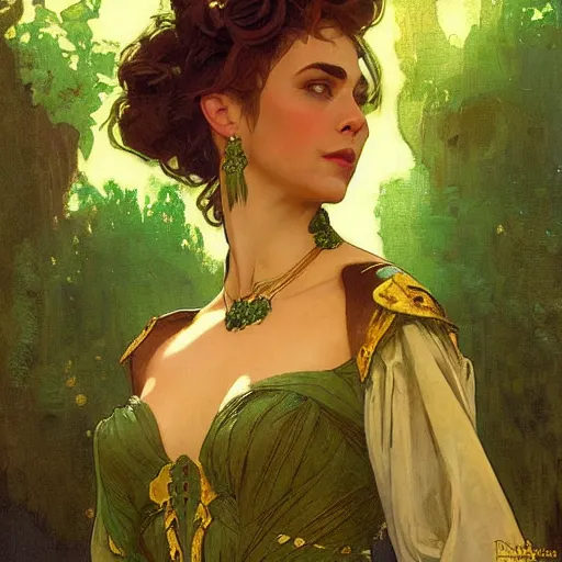 Prompt: a duchess from !Nubia, wearing elaborate green and gold, !updo hair, charismatic, warm friendly face, half-body shot, fantasy character portrait by Alphonse Mucha, Greg Rutkowski, Craig Mullins, Gaston Bussiere