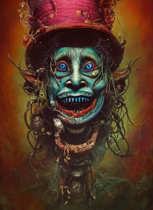 Image similar to mad hatter, mayan god, alien, highly detailed, cinematic, 8 k, by megan duncanson, benjamin lacombe, adrian borda, stanley artgermm, tom bagshaw, craig mullins, carne griffiths, ayami kojima, beksinski, giger, trending on deviantart, hyper detailed, horror, full of colour