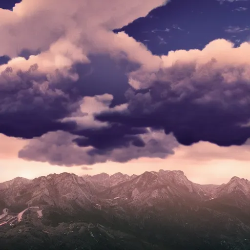 Image similar to nature panorama,view of far mountains,heatmap clouds,octane render