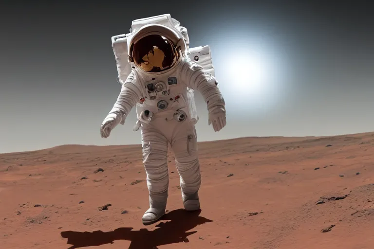 Prompt: female astronaut taking the first steps on mars, landed spaceship in background