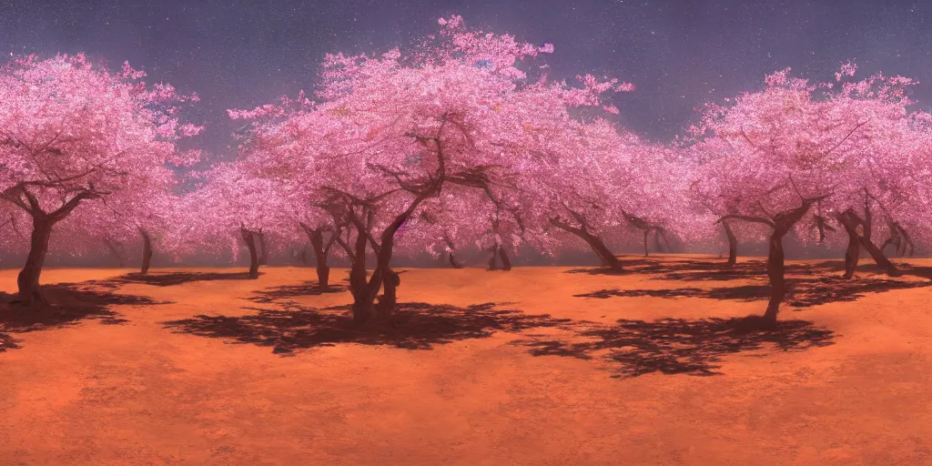 Image similar to A sakura grove on Mars, cinematic lighting, detailed oil painting, hyperrealistic, 8k