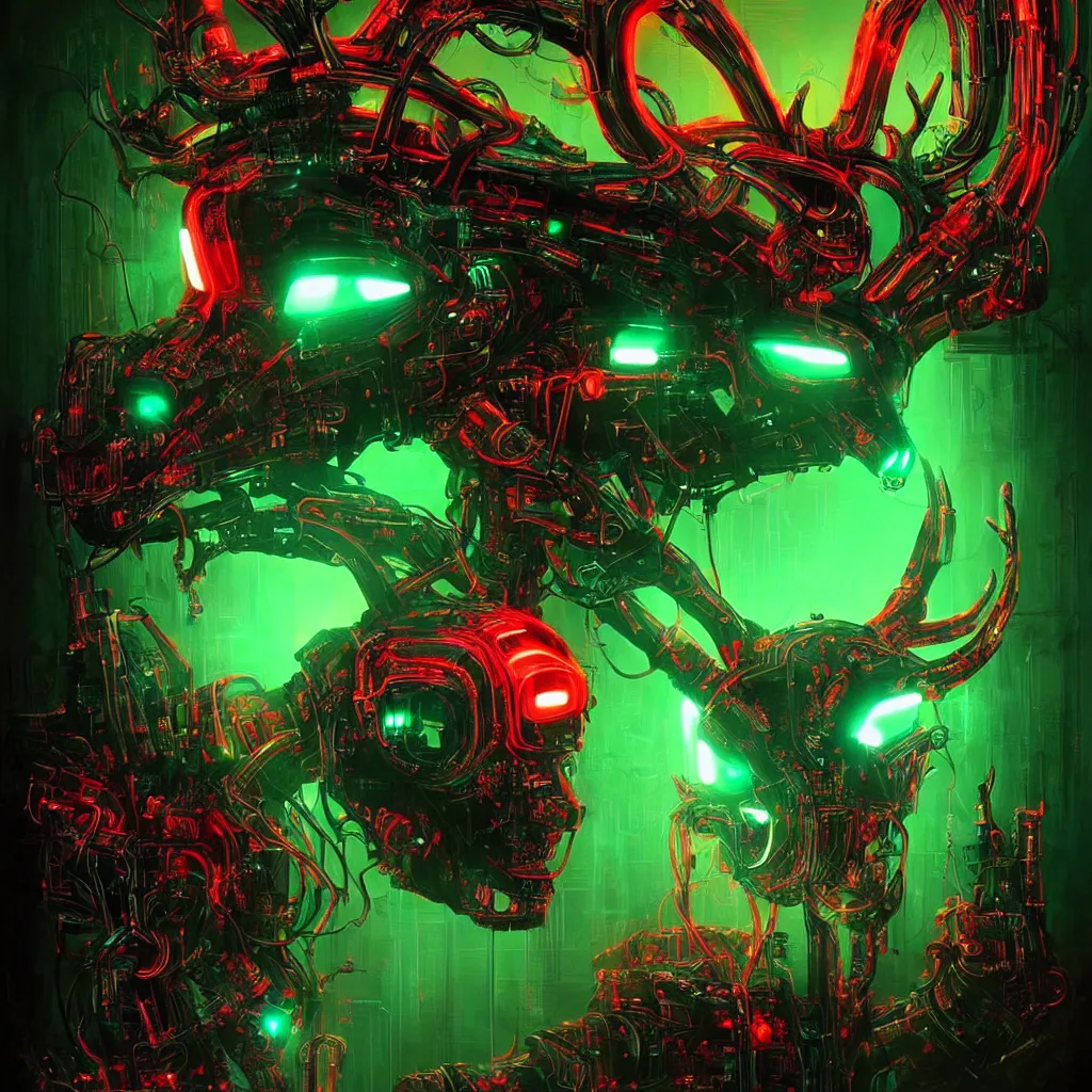 Prompt: poster style, a beautiful and terrifying painting with high details a digital portrait of cyber god of hunting with robotic deer head in style of green neon, cyber noir, movie atmosphere, movie lights, 8 k, light effect, rtx on, trending on artstation, by kilian eng, lee madgwick, bastien lecouffe - deharme