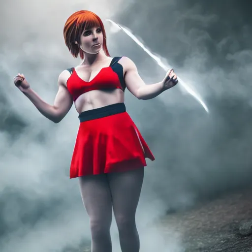 Image similar to Misty from Pokemon cosplay by Emma Watson, 8k, professional photography, cinematic studio shot, dark, smoke