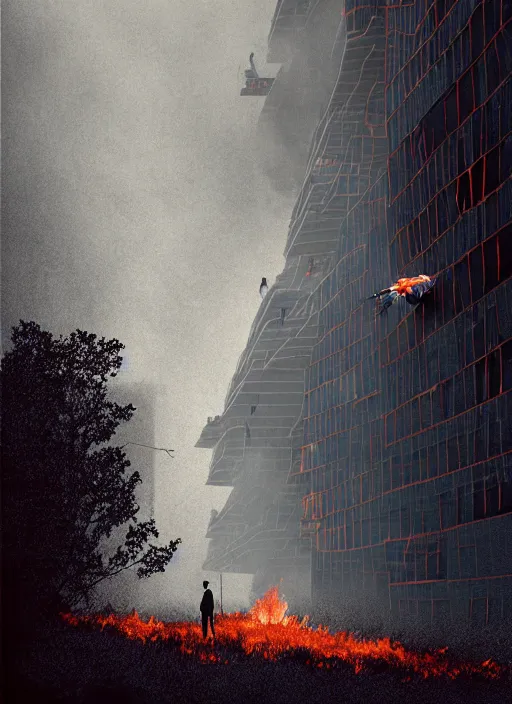 Image similar to city overgrowth on fire + a lone man + (((school of fish flying in the sky))) + (((habitat 67))), Mads Berg, Karolis Strautniekas, film noir, textured light, dramatic lighting,editorial illustration, detailed,fine texture, matte print, dark blue + dark orange, red, black, extreme perspective, volumetric