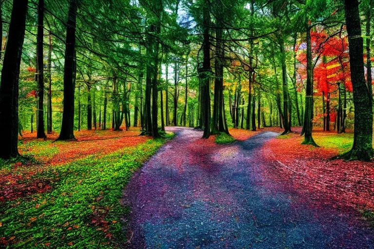 Prompt: Prysmatic, colorful forest, landscape photography 4k