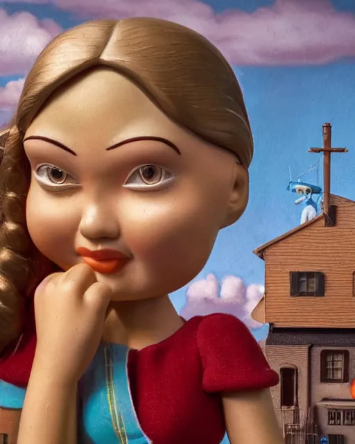 Image similar to closeup face profile portrait of a tin toy retro 1 9 5 0 s greta thunberg, bikini, depth of field, zeiss lens, fashion photoshoot by nicoletta ceccoli, mark ryden, lostfish, breathtaking, detailed and intricate environment, 8 k resolution, extremely detailed, beautiful, establishing shot, artistic, hyperrealistic, octane render