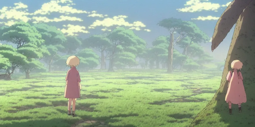 Image similar to the girl and the misty morning. anime visual of a cozy village in a magical forest. calm and peaceful mood. morning mist. illustrated by hayao miyazaki. anime production by studio ghibli. high quality, visually stunning, majestic, fall, official media