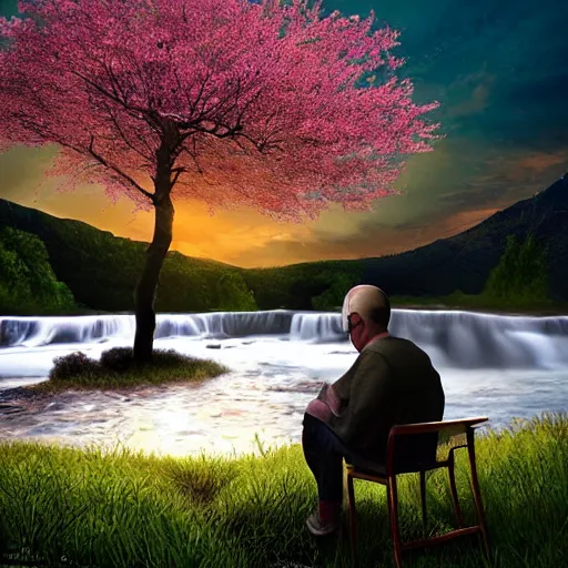 Image similar to featured on artstation photorealistic walter white sitting under a cherry tree overlooking valley waterfall sunset beautiful image stylized digital art