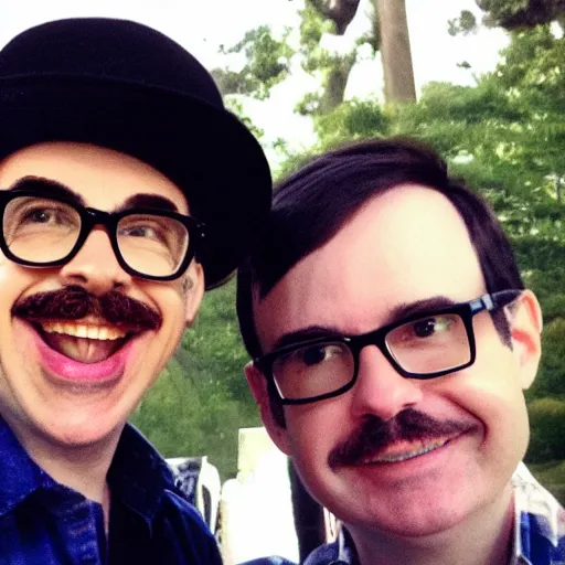 Image similar to a selfie of Steve Harvey and Rivers Cuomo From Weezer