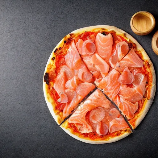 Prompt: Pizza with raw salmon