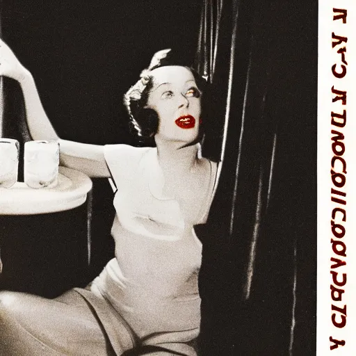 Image similar to color photo on vintage film stock of 1930s model in a dark but well-appointed room, crawling towards the camera to lick up milk from a bowl on the floor of an art deco mansion. Her hands stay on the floor. There are red curtains in the distance and soft pools of light illuminating her and the surroundings.