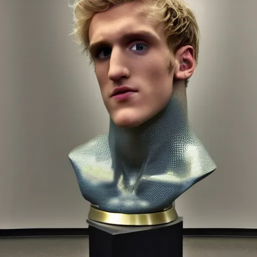 Prompt: a realistic detailed photo of a guy who is an attractive humanoid who is half robot and half humanoid, who is a male android, youtuber jake paul and logan paul, shiny skin, posing like a statue, blank stare, at the museum, on display