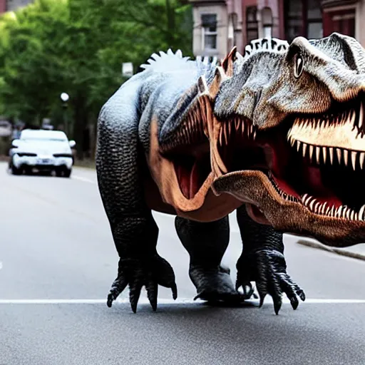 Prompt: a man chasing a t-rex down the street