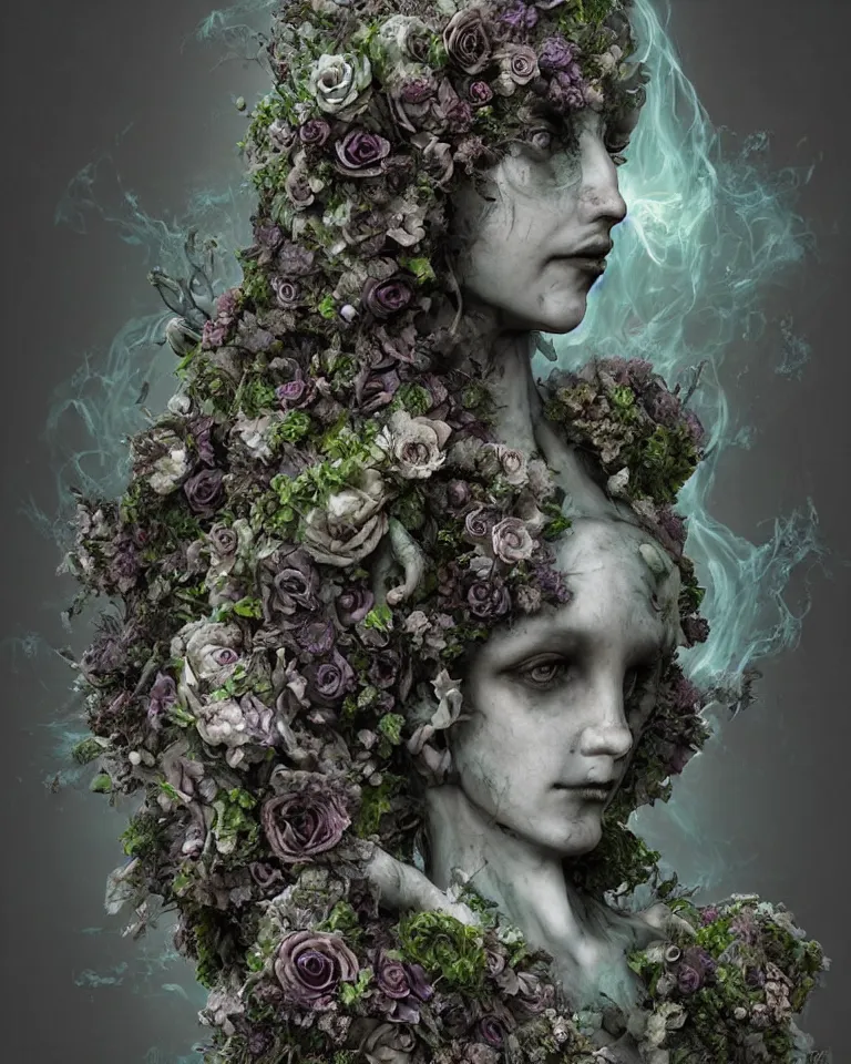 Image similar to portrait of a gothic cemetery statue made of mist and flowers breaking apart and mutating into mist, cosmic horror, Andrew Ferez, Charlie Bowater, Marco Mazzoni, Seb McKinnon, Ryohei Hase, Alberto Seveso, Kim Keever, trending on cgsociety, featured on zbrush central, new sculpture, mystical