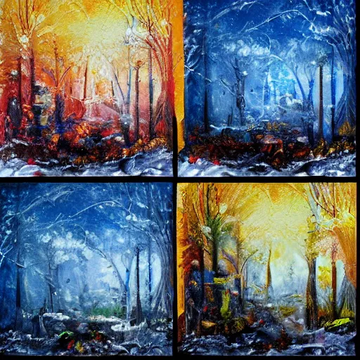 Image similar to painting depicting all four season in one, concept art, artstation, detailed, impressionism, oil on canvas, snow on the ground