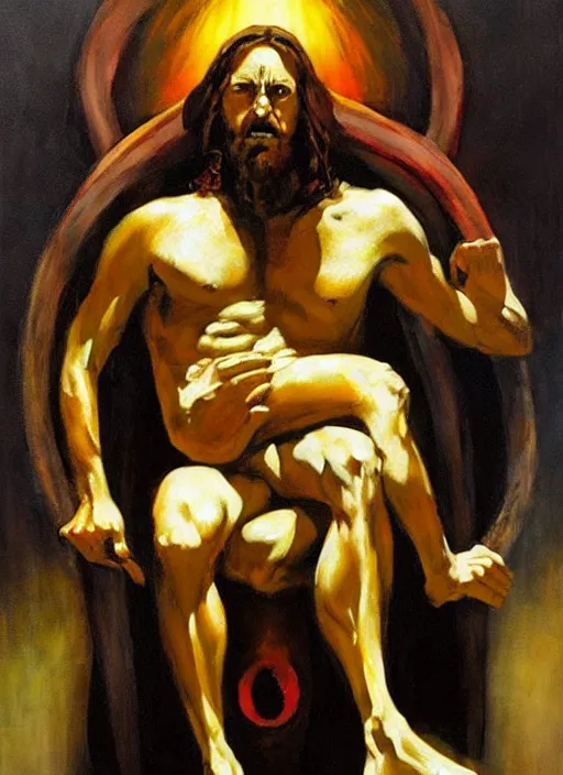 Image similar to mammon, blinfolded jesus sitting on throne of entwined bodies, holding cornucopia, painting by phil hale, 'action lines'!!!, graphic style, visible brushstrokes, motion blur, blurry