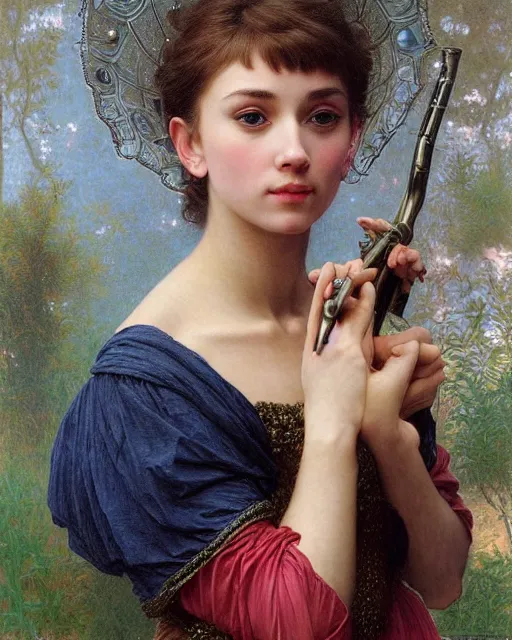 Image similar to a girl who resembles a 16-year old Audrey Hepburn and Scarlett Johansson, dressed in ornate, detailed, intricate iridescent opal armor, detailed oil painting by William Adolphe Bouguereau and Donato Giancola