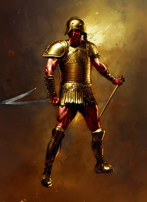 Prompt: muscular roman soldier with sword by simon bisley and greg rutkowski, full bodyred and gold plate armor! dynamic battle pose, vivid color scheme, cinematic atmospheric lighting