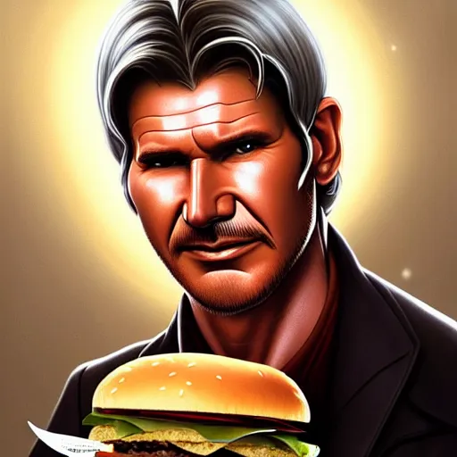 Prompt: portrait of Harrison Ford eating a giant hamburger , extra onions and ketchup, luscious patty with sesame seeds, feminine ethereal, handsome, D&D, fantasy, intricate, elegant, highly detailed, digital painting, artstation, concept art, matte, sharp focus, illustration, art by Artgerm and Greg Rutkowski and Alphonse Mucha