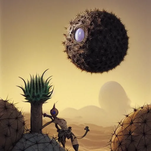 Image similar to ball creature covered with eyes, in the desert next to a cactus, d & d, fantasy, greg rutkowski, frank frazetta, alexandre chaudret, boris vallejo, michael whelan, miro petrov, hr giger, magali villeneuve, donato giancola