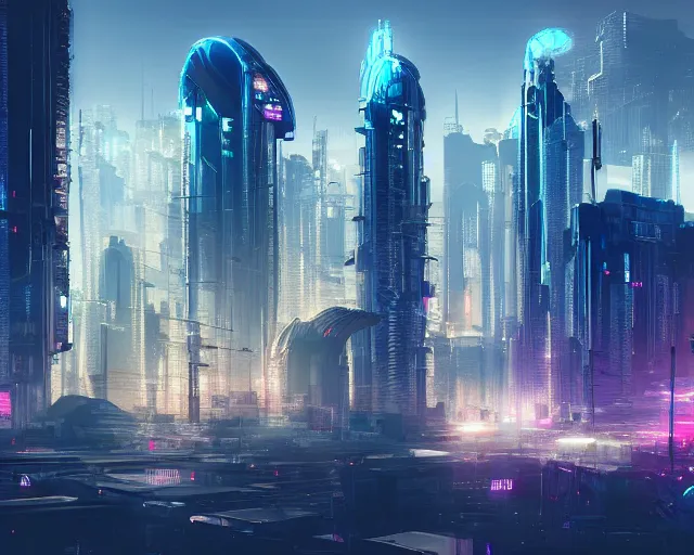 Image similar to beautiful sci fi cyberpunk city skyline from the future, digital concept art, trending on artstation, volumetric lighting, 8k