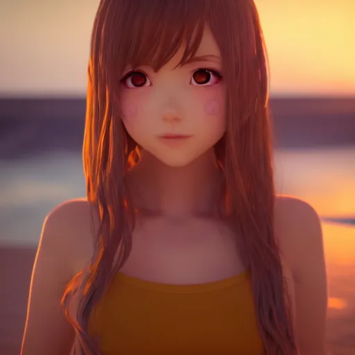 Prompt: Render of a very beautiful 3d anime girl, long hair, hazel eyes, cute freckles, full round face, short smile, cute, golden hour, serene beach setting, medium shot, mid-shot, highly detailed, trending on Artstation, Unreal Engine 4k