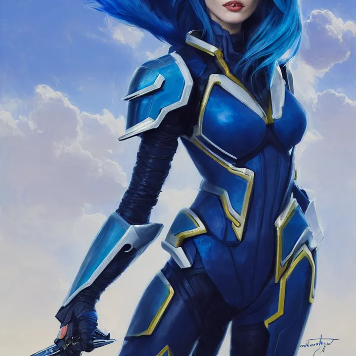 Image similar to portrait of a combination of Ashley Greene, Adriana Dxim, Grace Kelly and Lily Collins with blue hair wearing Interceptor's armor from Anthem, countryside, calm, fantasy character portrait, dynamic pose, above view, sunny day, thunder clouds in the sky, artwork by Jeremy Lipkin and Giuseppe Dangelico Pino and Michael Garmash and Rob Rey and Greg Manchess and Huang Guangjian, very coherent asymmetrical artwork, sharp edges, perfect face, simple form, 100mm