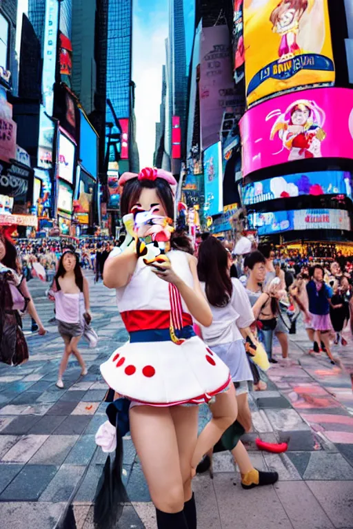 Prompt: Beautiful Japanese Woman in Sailor Moon costume eating an ice-cream cone, standing for a selfie, New York Time Square, high detail, ultra-realistic