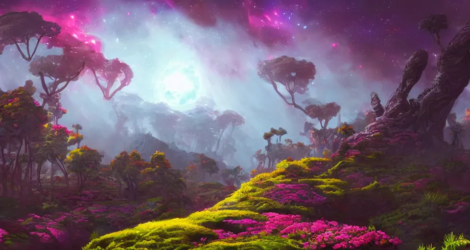 Prompt: beautiful low angle painting of ab alien world with unknown plants and trees, and giant flowers, with galaxies and stars in the sky, moody atmosphere, epic composition, dramatic lighting, trending on artstation, octane render, by don bluth