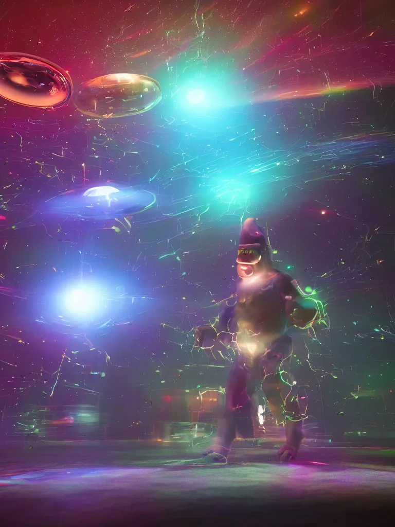 Image similar to its midnight and Bigfoot is engulfed in light while being abducted by a flying saucer with multi-colored lights, cinematic, hyper realism, high detail, bright lights, octane render, 8k