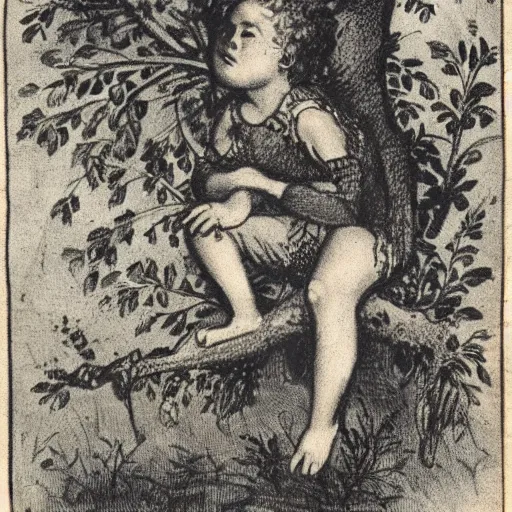Prompt: 1 9 th century childrens book drawing of a fae sitting on a branch surrounded by mushrooms